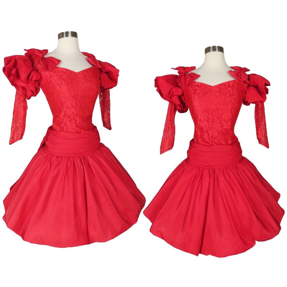 Vintage 80s Red Lace Full Bubble Skirt Prom Party Dress XXS XS Valentines Day